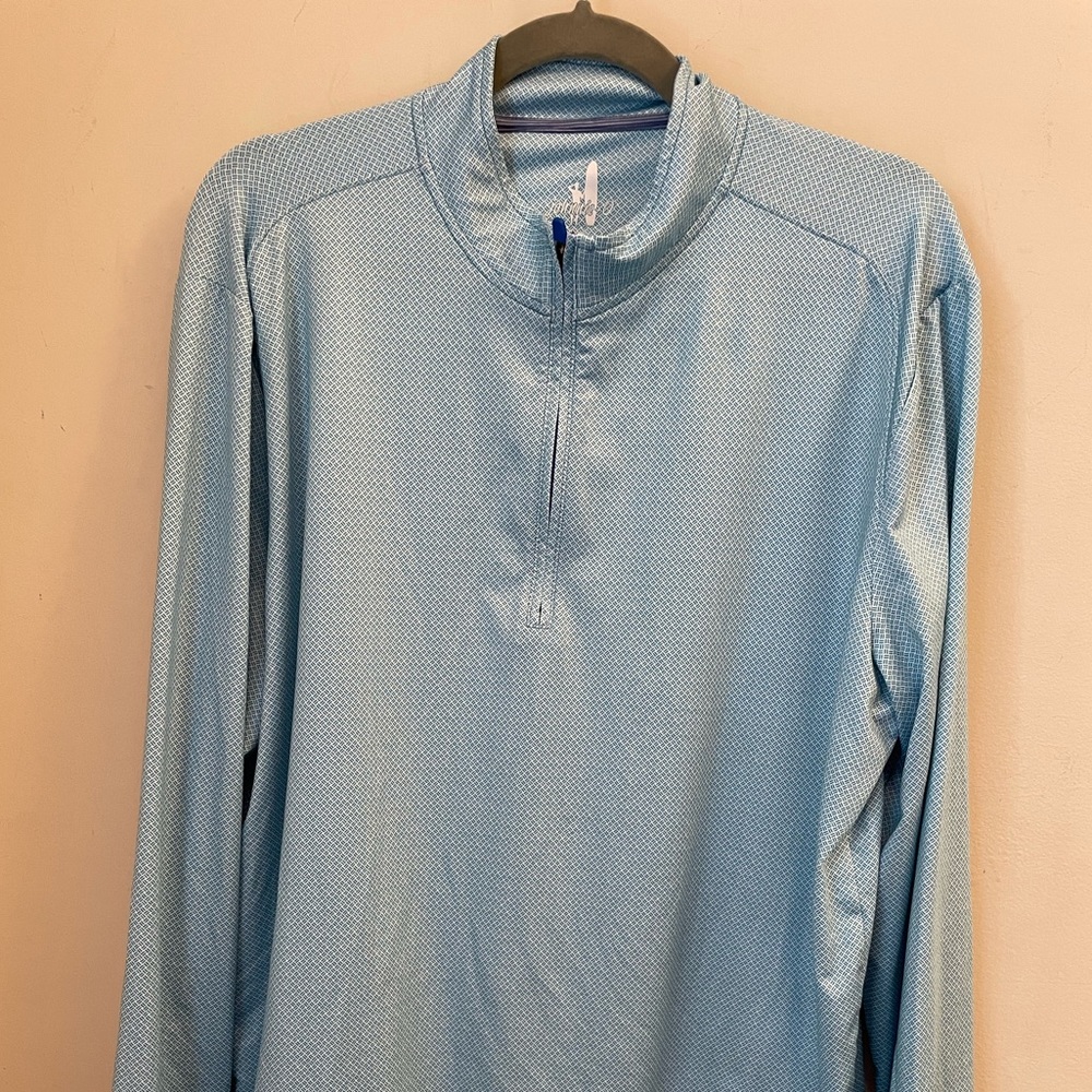 Johnnie-O “Prepformance” fabric blue/turquoise check quarter zip pullover
